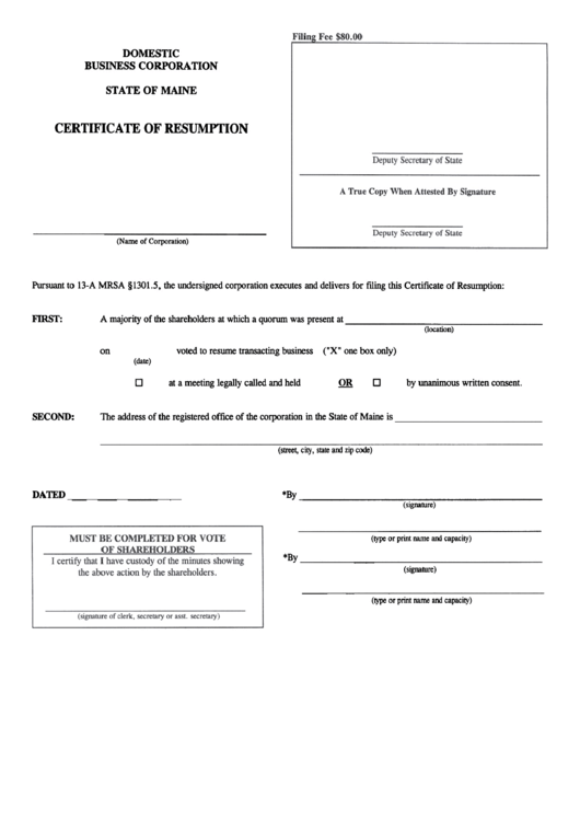 Form Mbca-14a - Certificate Of Resumption - Maine Secretary Of State Printable pdf