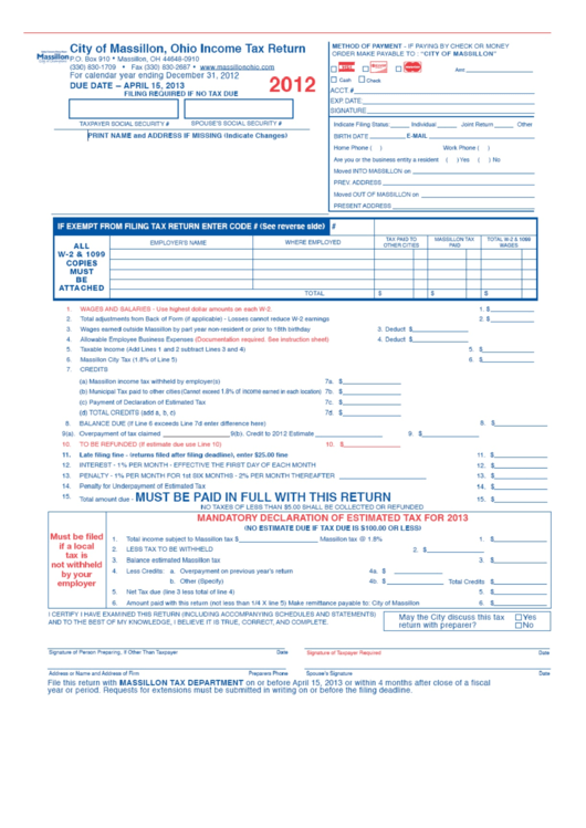 Ohio Income Tax Return Form 2012 Printable pdf