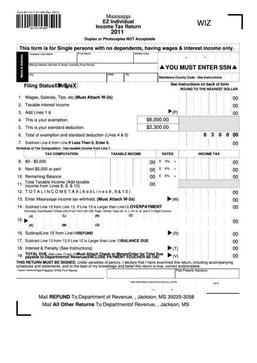 Fillable Form 80-110-11-8-1-000 - Mississippi Ez Individual Income Tax Return - 2011 Printable pdf