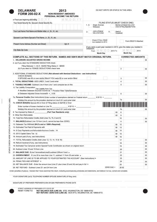 Fillable Form 200-02-X - Non-Resident Amended Personal Income Tax Return - 2013 Printable pdf