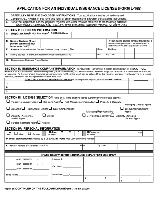 Form L-169 - Application For An Individual Insurance License - State Of Arizona Printable pdf