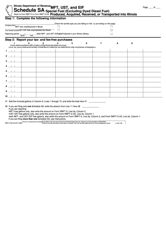 Form Rmft-6-Sf - Schedule Sa - Mft, Ust, And Eif Special Fuel (Excluding Dyed Diesel Fuel) Produced, Acquired, Received, Or Transported Into Illinois (1999) Printable pdf