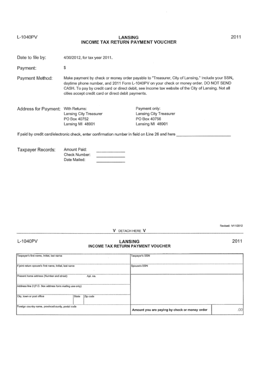 Form L-1040pv - Income Tax Return Payment Voucher - City Of Lansing, 2011 Printable pdf