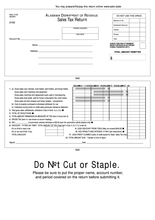 Form 2100 - Sales Tax Return - Alabama Department Of Revenue 2001 Printable pdf