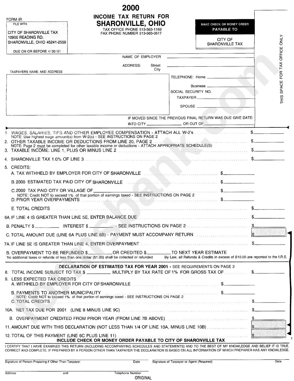 Form Ir Tax Return City Of Sharonville, 2000 printable pdf