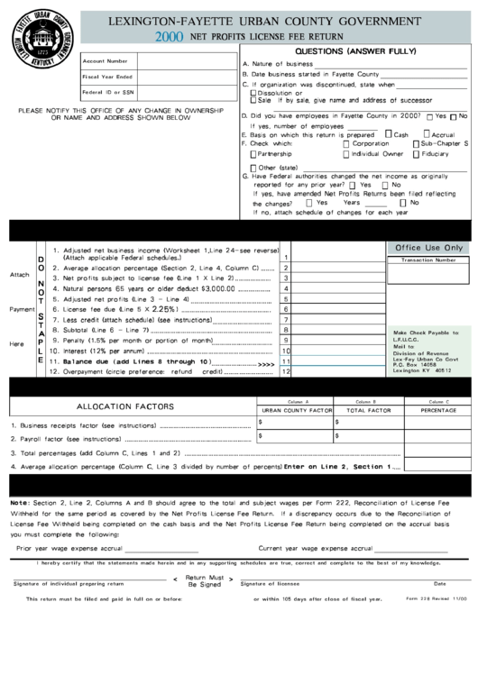 Form Is228d - Net Profits License Fee Return - Lexington-Fayette Urban County Government - 2000 Printable pdf