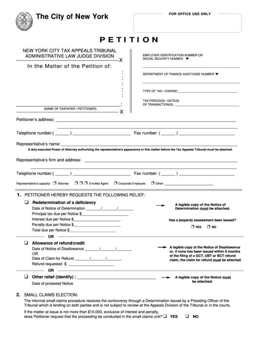 New York City Tax Appeals Tribunal - Petition Form Printable pdf