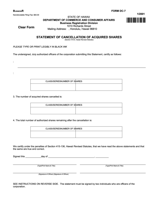 Form Form Dc-7 - Statement Of Cancellation Of Acquired Shares - State Of Hawaii Printable pdf