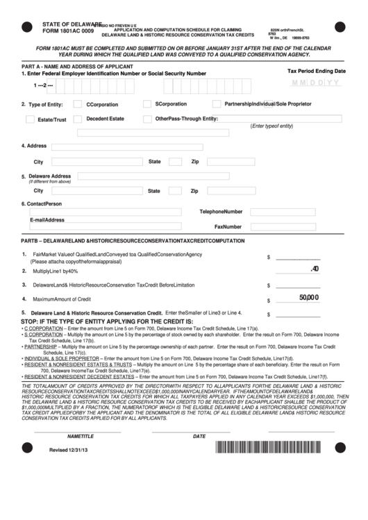 Form 1801ac 0009 - Application And Computation Schedule For Claiming Delaware Land & Historic Resource Conservation Tax Credits - 2013 Printable pdf