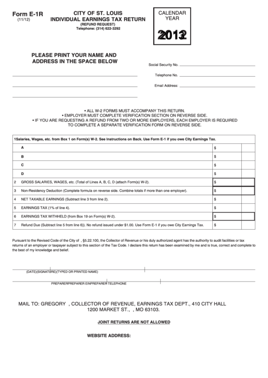 Fillable Form E-1r - Individual Earnings Tax Return - 2013 Printable pdf