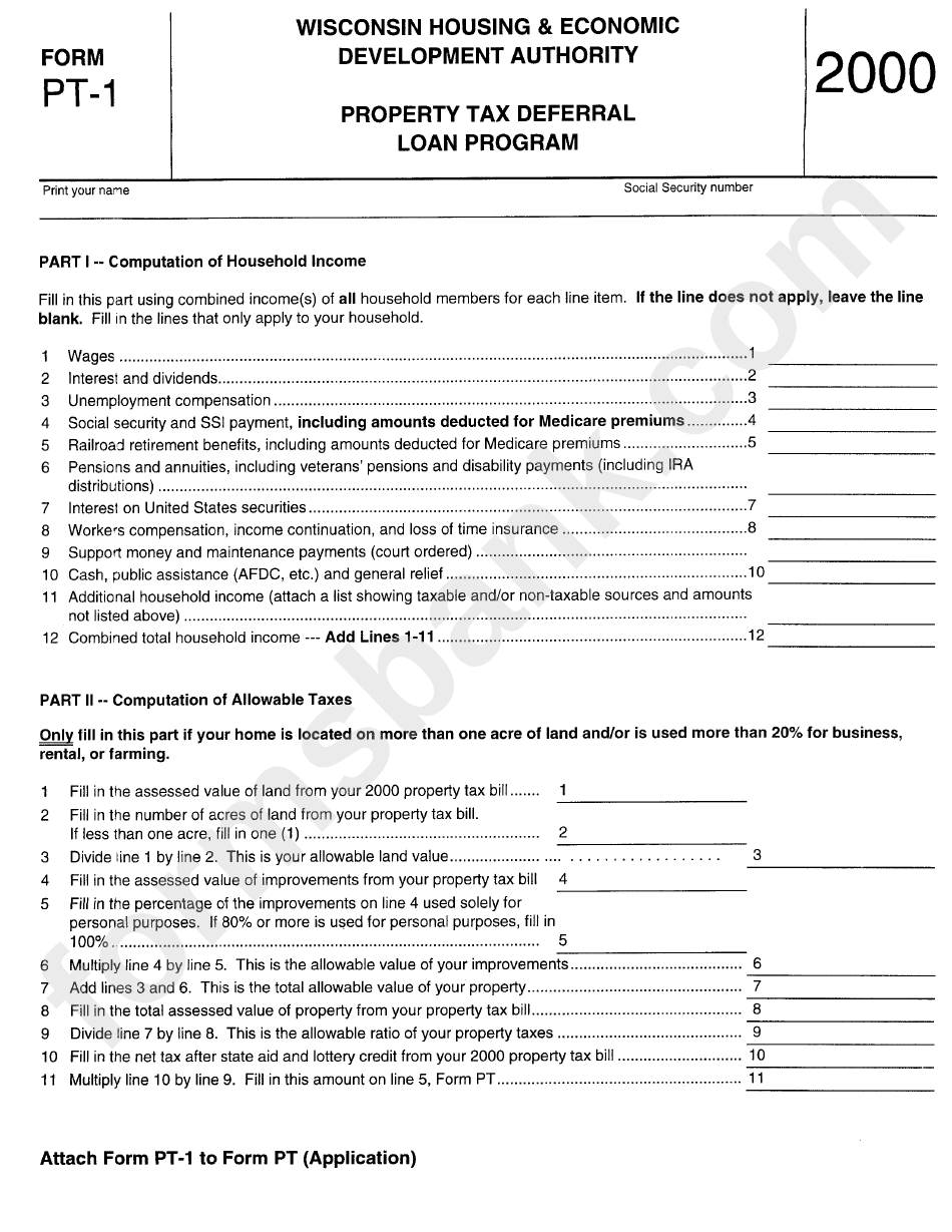 Form Pt-1 - Property Tax Deferral Loan Program 2000 - State Of Wisconsin