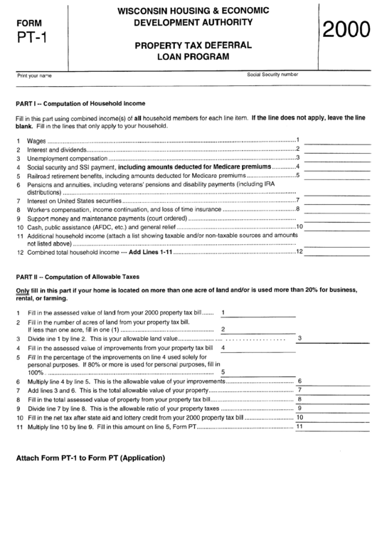 Form Pt-1 - Property Tax Deferral Loan Program 2000 - State Of Wisconsin Printable pdf