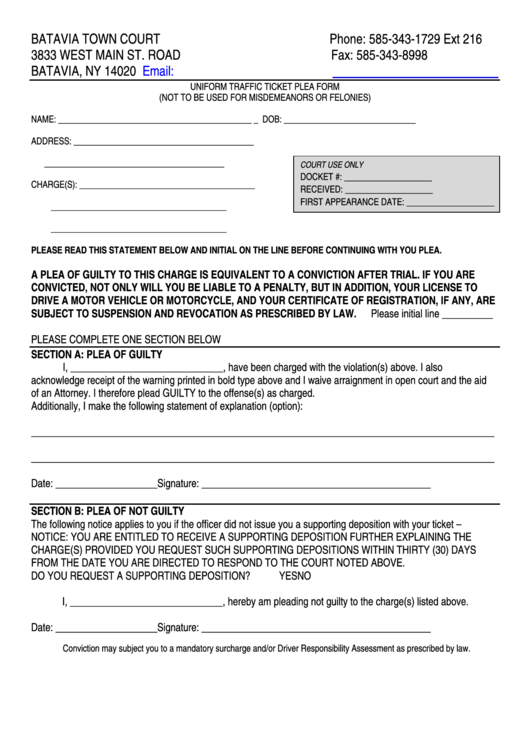 Fillable Uniform Traffic Ticket Plea Form - Batavia Town Court Printable pdf