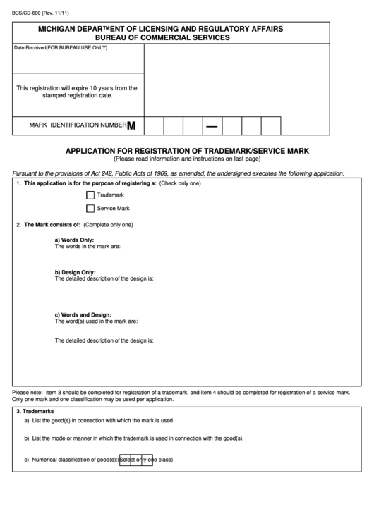Fillable Form Bcs/cd-600 - Application For Registration Of Trademark/service Mark - Michigan Department Of Licensing Printable pdf