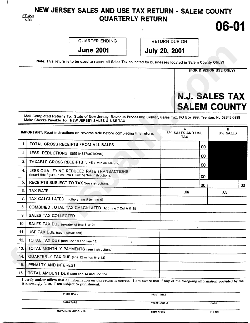 New Jersey Sales And Use Tax Return - Salem County Quarterly Return Form