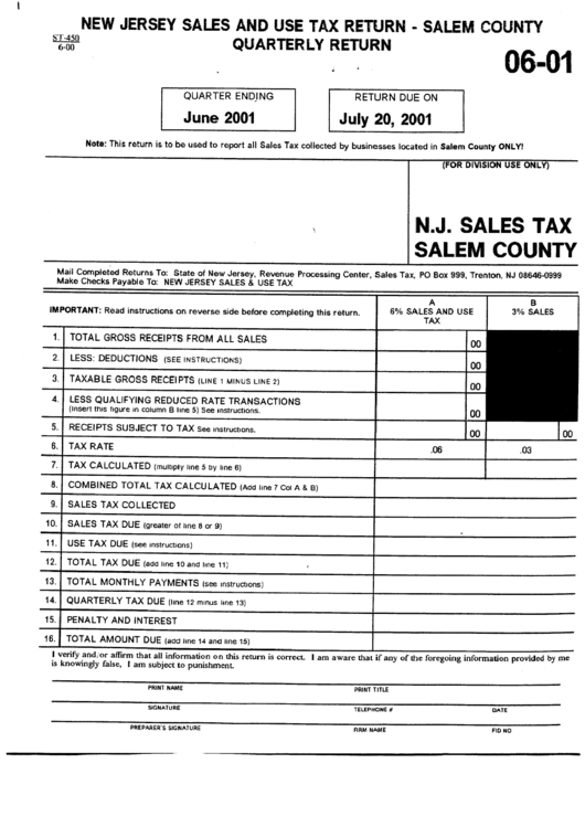 New Jersey Sales And Use Tax Return - Salem County Quarterly Return Form Printable pdf