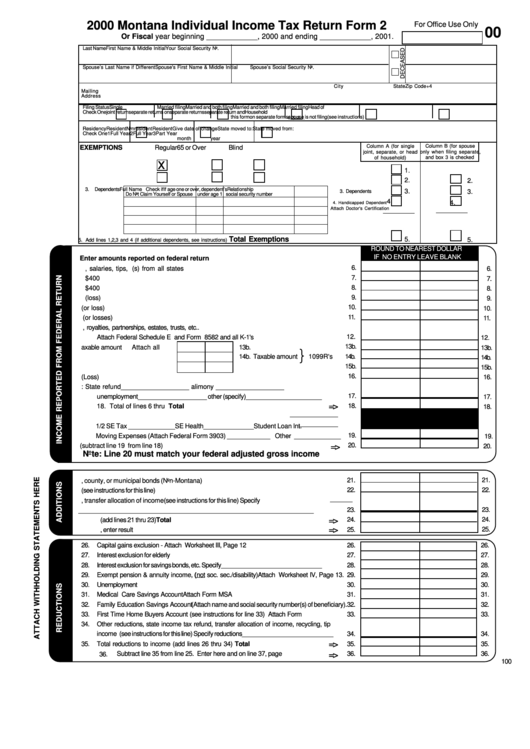 Form 2 - Montana Individual Income Tax Return - 2000 Printable pdf