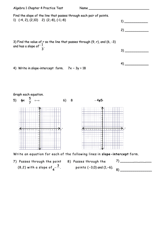 Algebra 1 Chapter 4 Practice Test Worksheet Printable pdf
