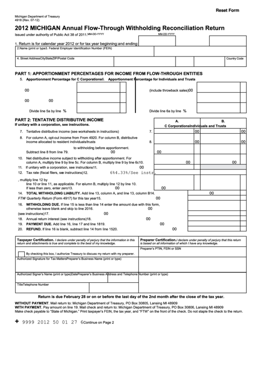 Fillable Form 4918 - 2012 Annual Flow-Through Withholding Reconciliation Return Printable pdf