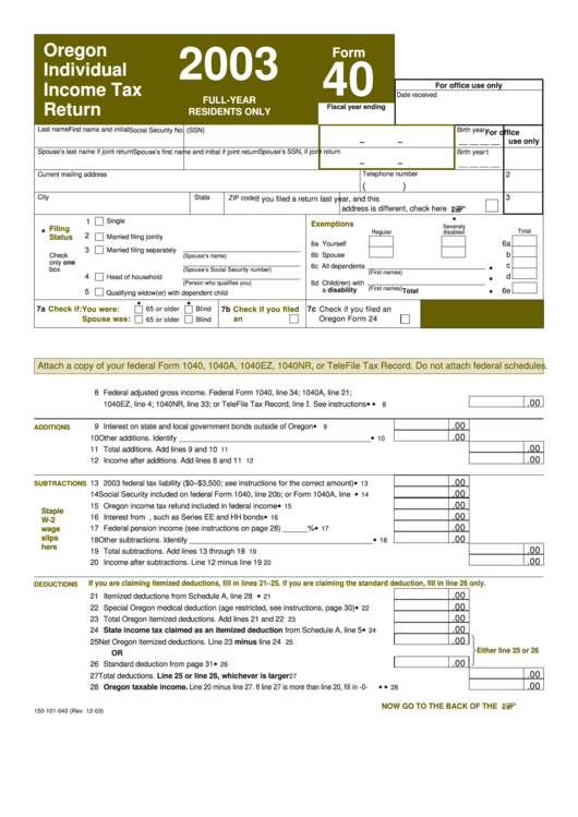 Form 40 - Oregon Individual Income Tax Return (Full-Year Residents Only) - 2003 Printable pdf