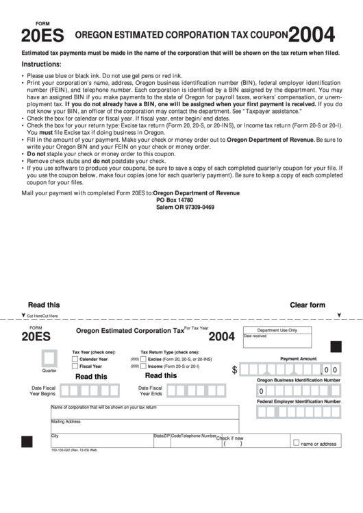 Fillable Form 20es - Oregon Estimated Corporation Tax - 2004 Printable pdf