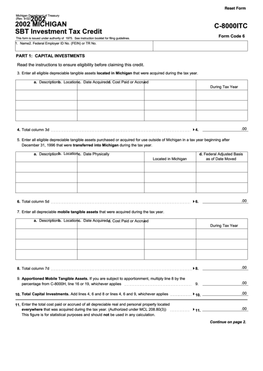 Fillable Form C8000itc Michigan Sbt Investment Tax Credit 2002