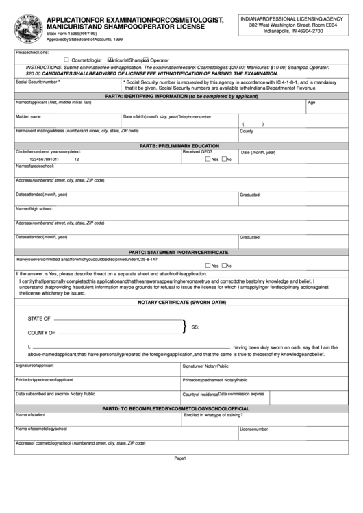 Fillable In State Form 15969 - Application For Examination For Cosmetologist, Manicurist And Shampoo Operator License Printable pdf