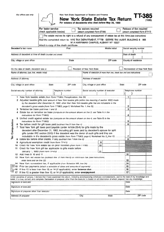 Form Tt 385 New York State Estate Tax Return Printable Pdf Download