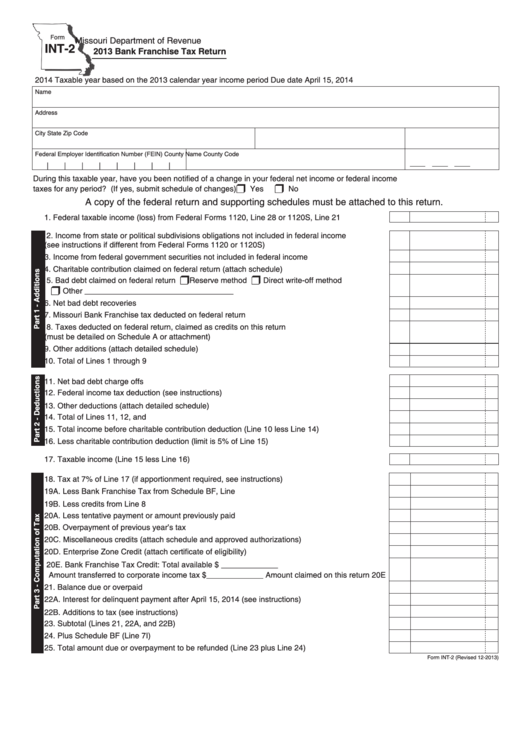 Fillable Form Int-2 - Bank Franchise Tax Return - 2013 Printable pdf