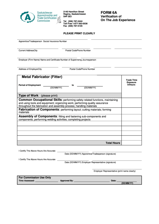 Fillable Form 6a - Verification Of On The Job Experience - Saskatchewan Apprenticeship And Trade Certification Commission Printable pdf