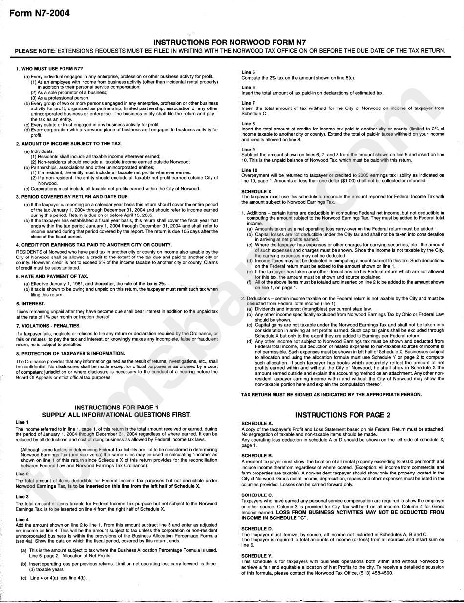 Instructions For Norwood Form N7 - Net Profits Tax Return - 2004