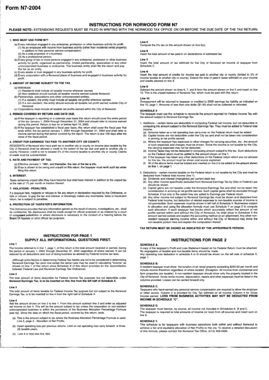 Instructions For Norwood Form N7 - Net Profits Tax Return - 2004 Printable pdf