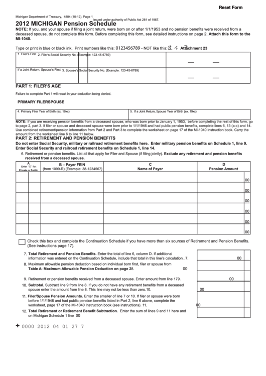 Fillable Form 4884 - Pension Schedule - 2012 printable pdf download