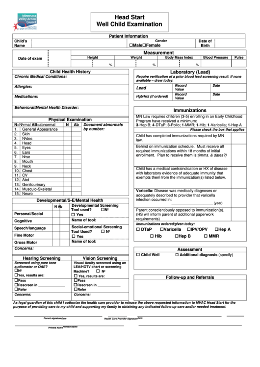 Head Start Well Child Examination Form - Minnesota Valley Action Counsil Printable pdf