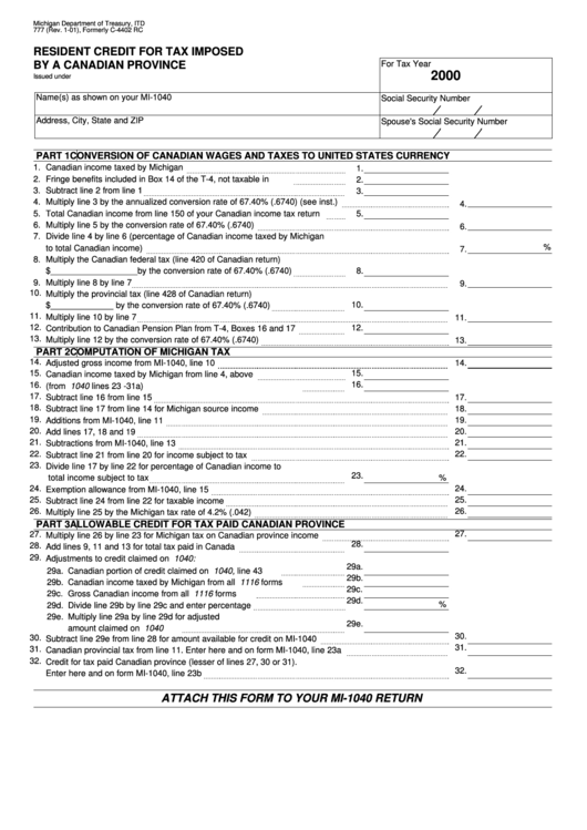 Form 777 - Michigan Resident Credit For Tax Imposed By A Canadian Province - 2000 Printable pdf