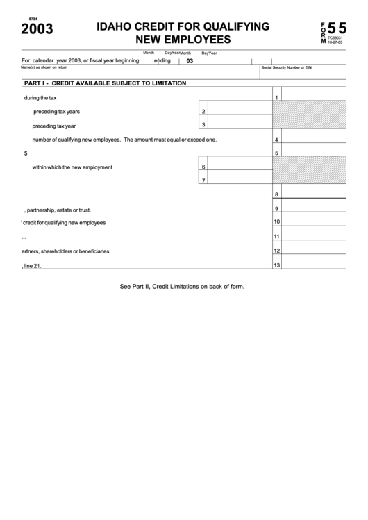 Fillable Form 55 - Idaho Credit For Qualifying New Employees Printable pdf
