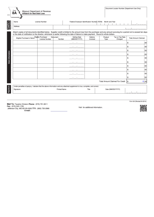 Fillable Form 8a - Affidavit For Bad Debt Loss - 2014 Printable pdf