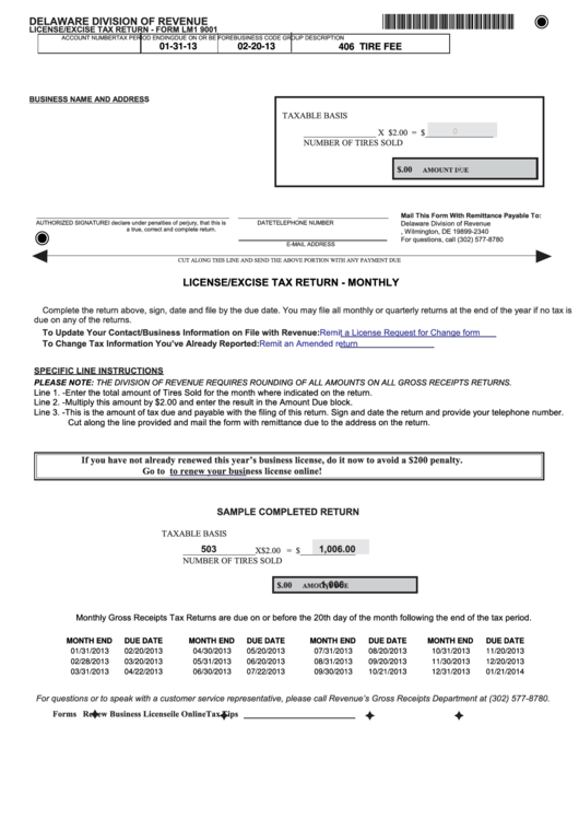 Fillable Form Lm1 9001 - License/excise Tax Return Printable pdf