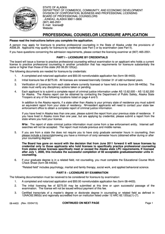 Fillable Form 08-4403 - Professional Counselor Licensure Application - Juneau - 2013 Printable pdf