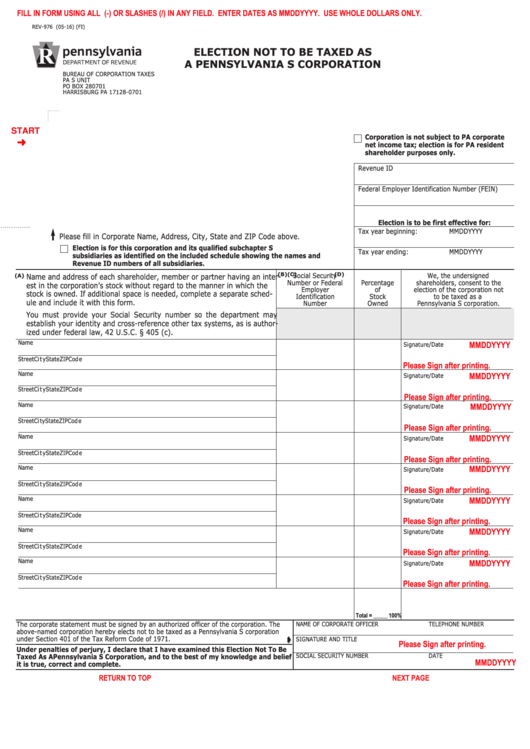 Fillable Form Rev-976 - Election Not To Be Taxed As A Pennsylvania S Corporation Printable pdf