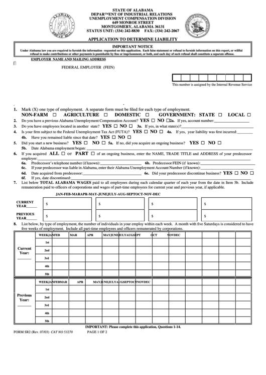Form Sr-2 - Application To Determine Liability - State Of Alabama Printable pdf