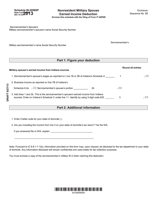 Form 54259 - Schedule In-2058sp - Nonresident Military Spouse Earned Income Deduction - 2013 Printable pdf