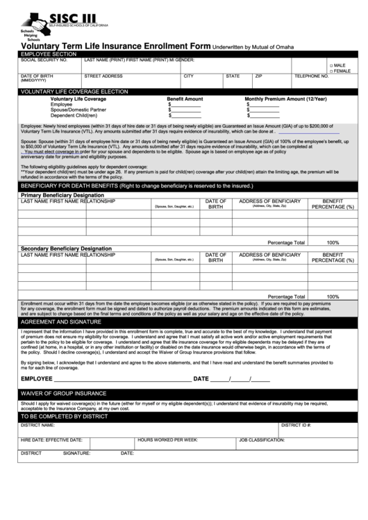 Fillable Voluntary Term Life Insurance Enrollment Form - Self-Insured Schools Of California Printable pdf