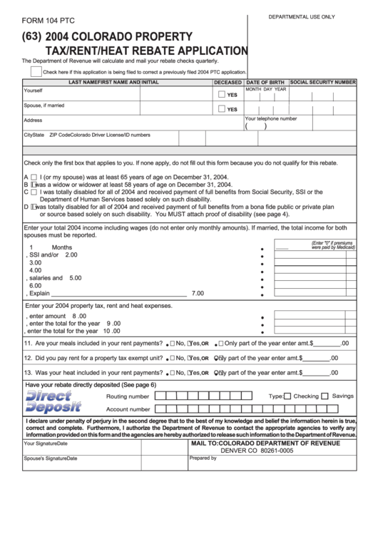 Form 104 Ptc - Colorado Property Tax/rent/heat Rebate Application - 2004 Printable pdf