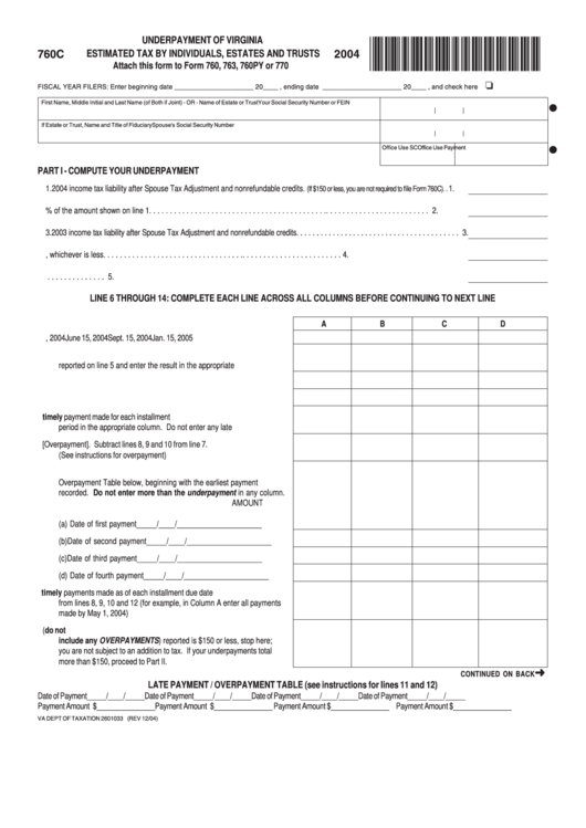 Form 760c - Underpayment Of Virginia Estimated Tax By Individuals, Estates And Trusts - 2004 Printable pdf