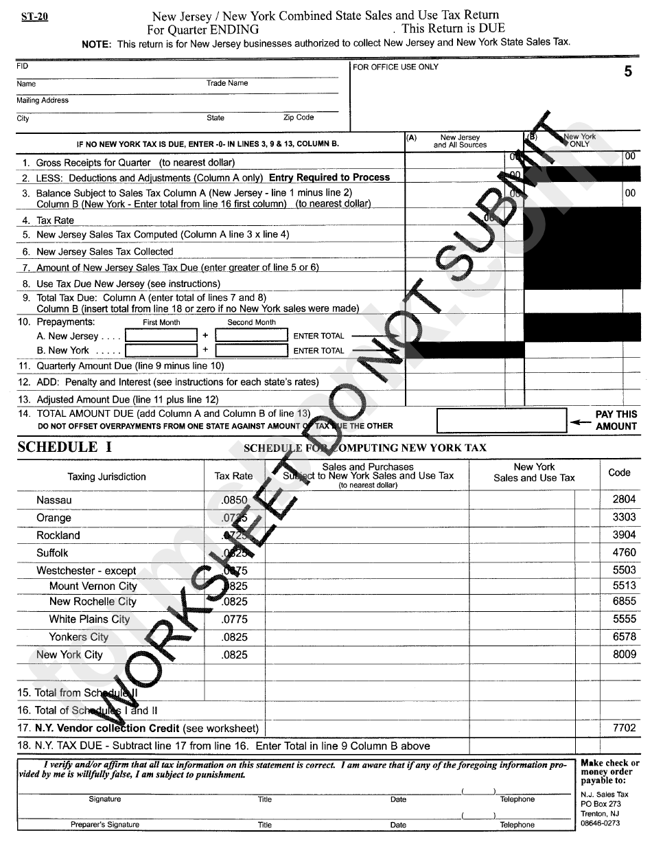 Form St-20 - New Jersey/new York Combined State Sales And Use Tax Return Worksheet
