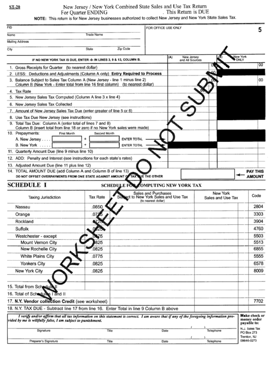 Form St-20 - New Jersey/new York Combined State Sales And Use Tax Return Worksheet Printable pdf