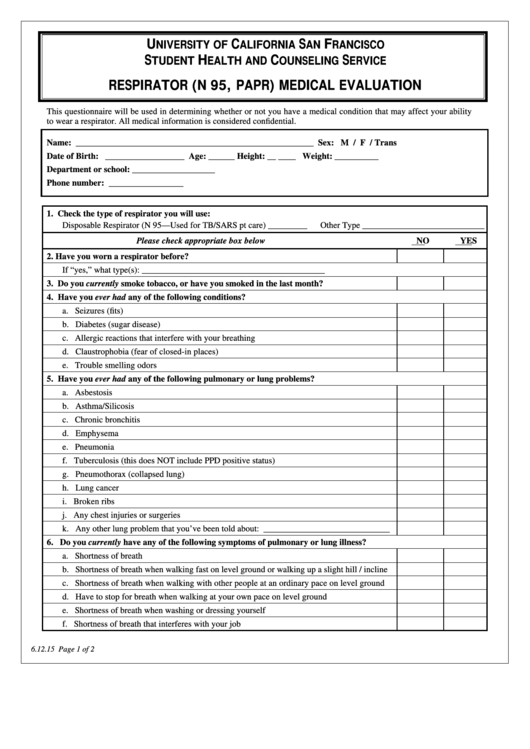 Respirator (N 95, Papr) Medical Evaluation Questionnaire Printable pdf