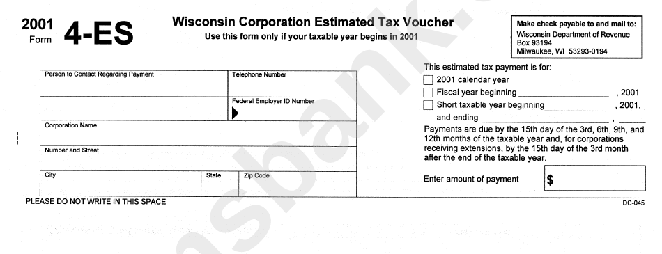 Form 4-Es - Wisconsin Corporation Estimated Tax Voucher 2001