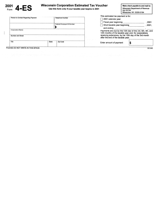 Form 4-Es - Wisconsin Corporation Estimated Tax Voucher 2001 Printable pdf